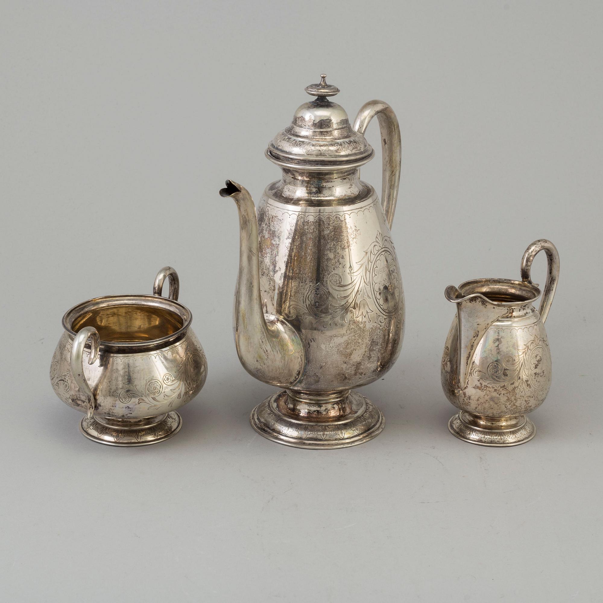 GUSTAF MÖLLENBORG, kaffeservis, silver, tre delar, Stockholm, 1860/70-tal.