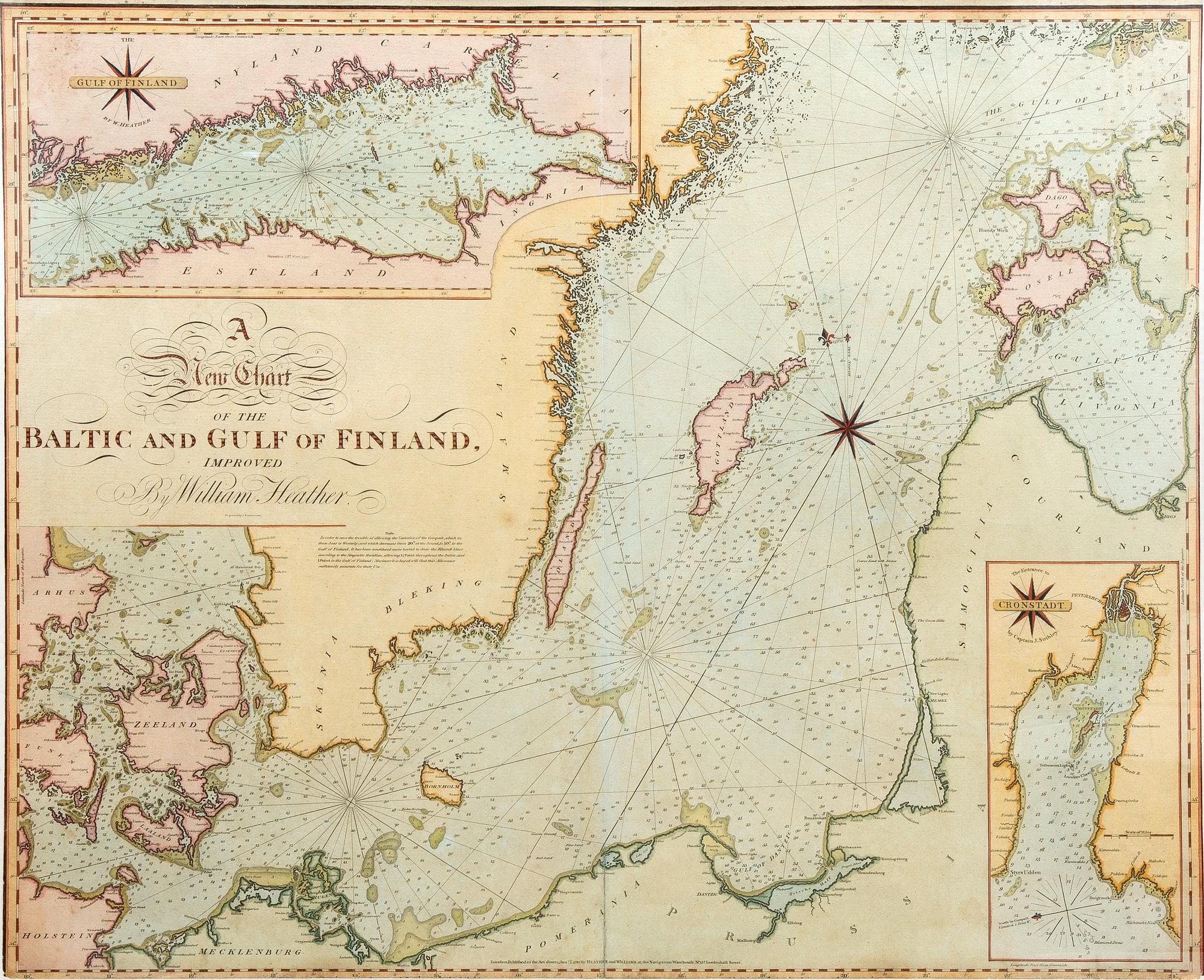 KARTA. A New Chart of the Baltic and Gulf of Finland, improved by William Heather. 1800-talets början.