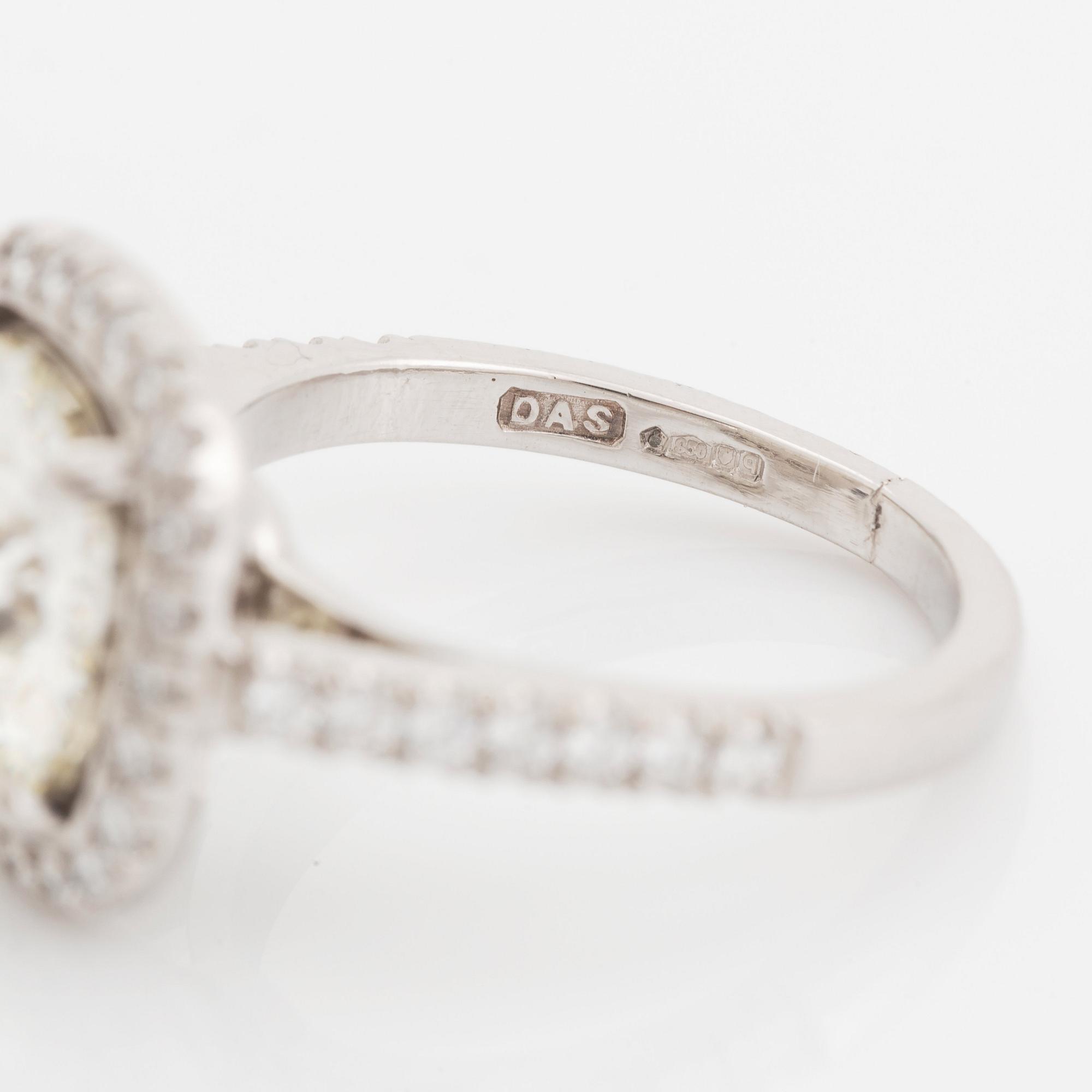 A platinum ring set with a cushion formed old-cut diamond 3.39 cts J vs1 according to accompanying HRD-certficate.