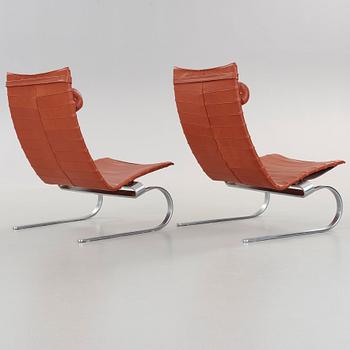 Poul Kjaerholm, a pair of 'PK-20' steel and brown leather easy chairs, Fritz Hansen, Denmark 1990.