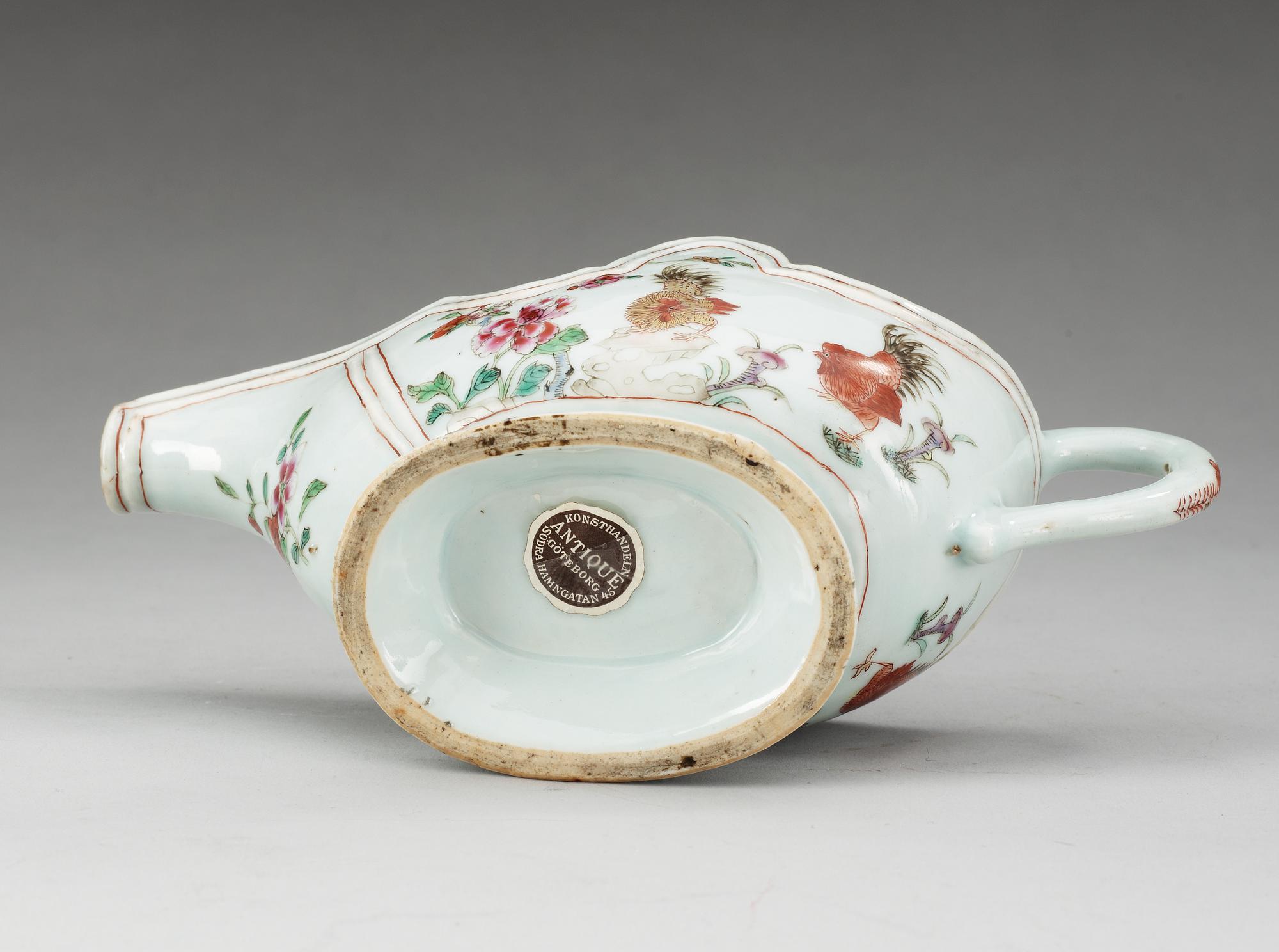 A famille rose rooster sauce boat, Qing dynasty, Qianlong (1736-95).