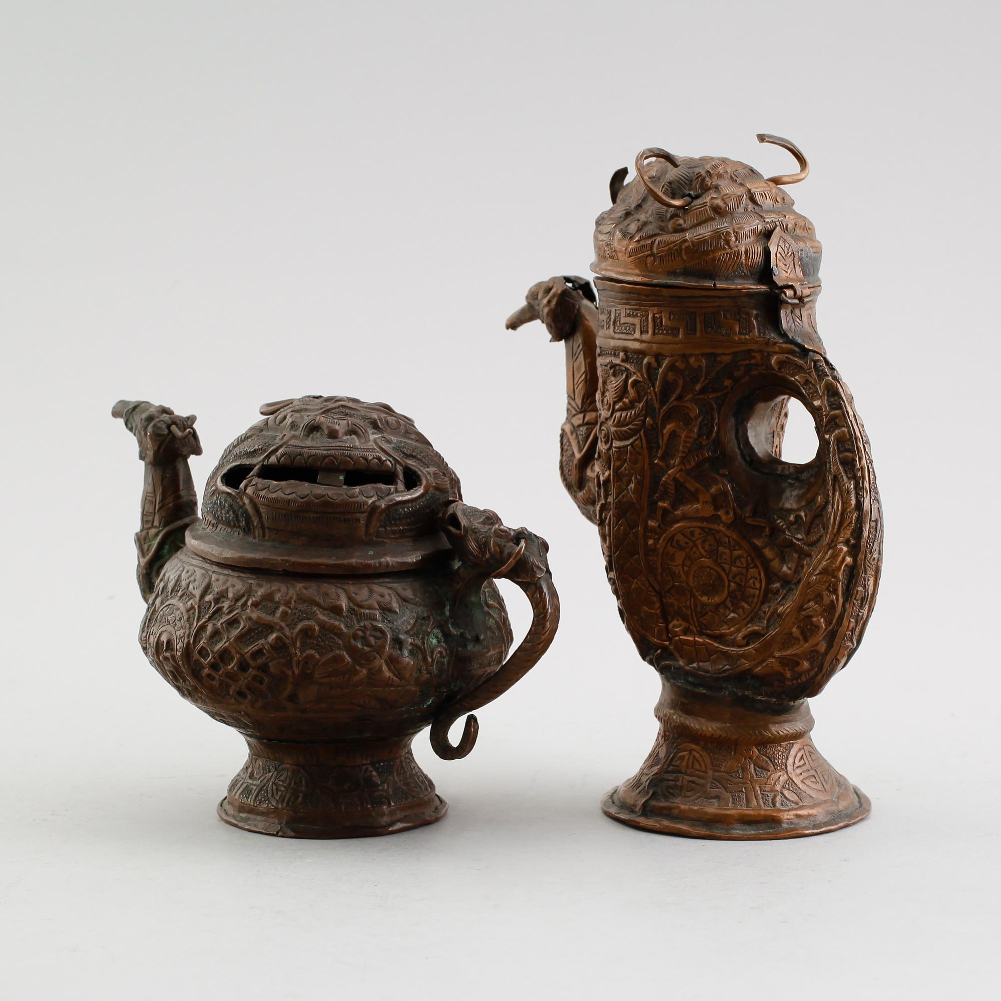 RÖKELSEKAR, 2 st, orientaliska, koppar, antika.