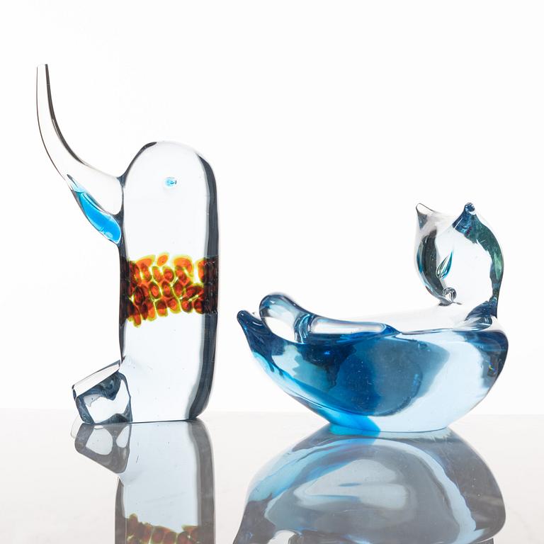 Skulptur, glas samt skål, glas, troligen Antonio da Ros, Murano, Italien.