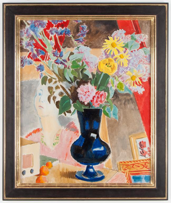 Isaac Grünewald, Still life with flowers in a blue vase.