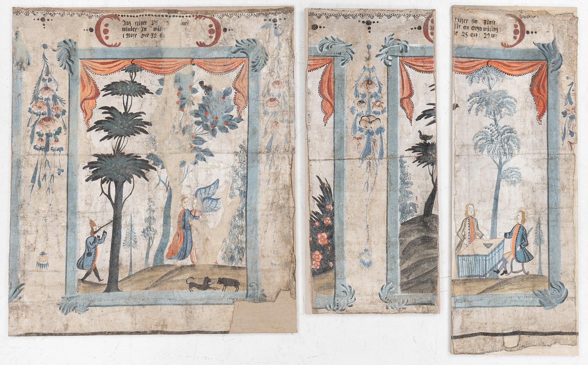 A nine-piece part folk art wall painting from Värmland, Sweden, late 18th century.