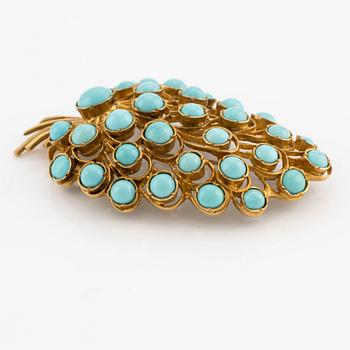 Brooch, 18K gold with turquoises.