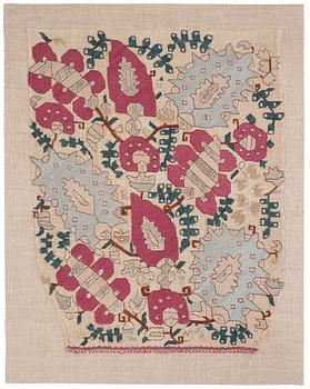 Broderi (Bocha), fragment, antik silke, Osmanska riket, ca 51,5 x 40,5 cm (med montering 61 x 48 cm).