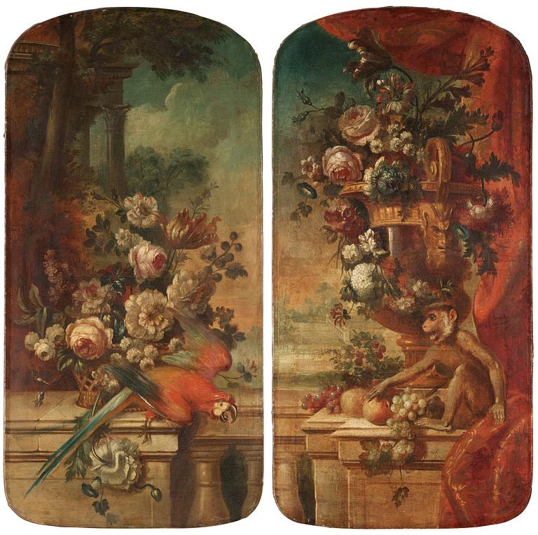 Pieter Casteels III Follower of, Still life with birds and flowers.