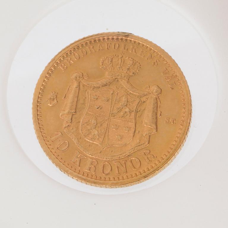 GULDMYNT, 10 kronor, Oscar II, Sverige och Norge 1874. Vikt ca 4 gram.