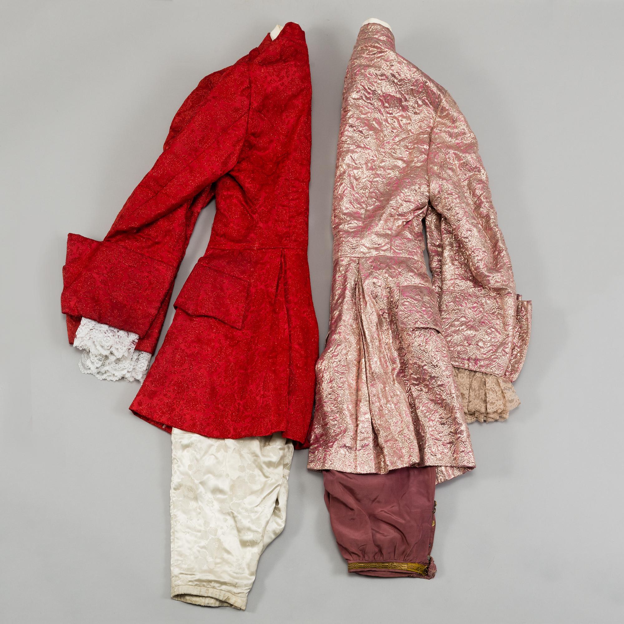 Two theater costumes, 18th century fashion style, mid 20th century,