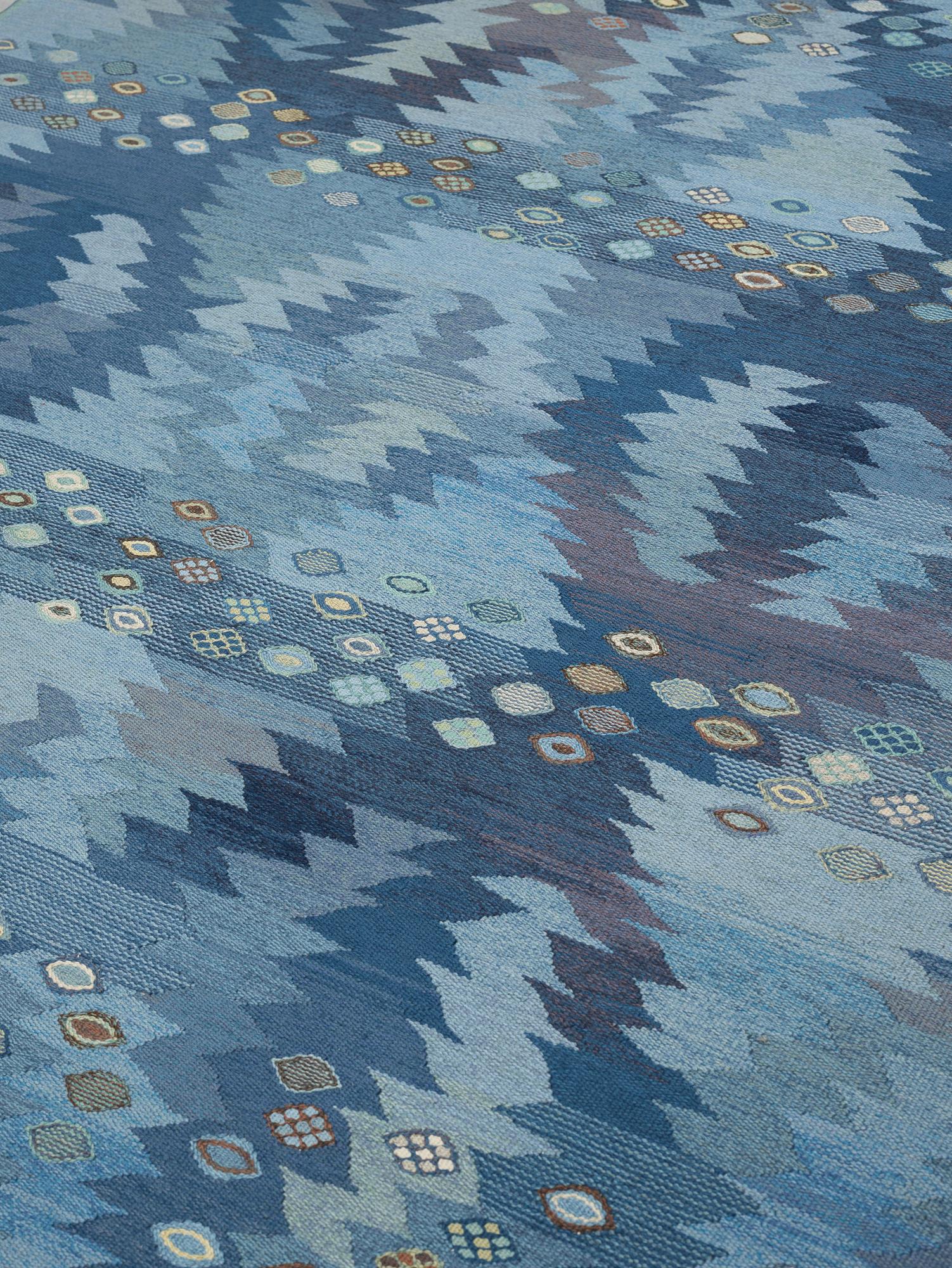 Barbro Nilsson, A carpet, "Tånga blå", flat weave, ca 355 x 252-256 cm, signed AB MMF BN.