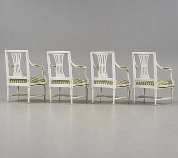 Four Gustavian late 18th century armchairs.