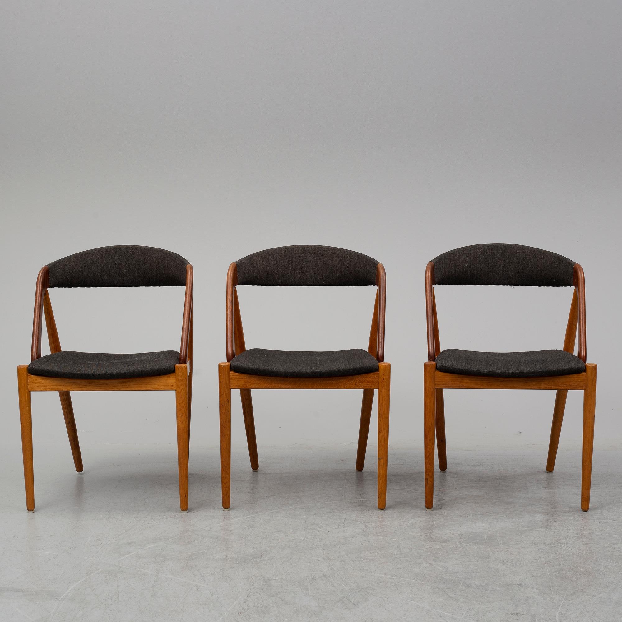 A set of three 1950's-60's chairs by Kai Kristensen, Denmark.