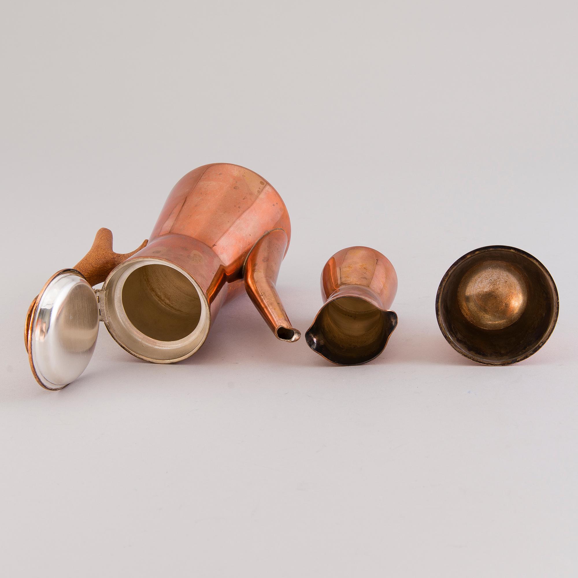 TAPIO WIRKKALA, KAFFESERVIS, 4 DELAR, koppar och teak, Kultakeskus, 1980-tal.