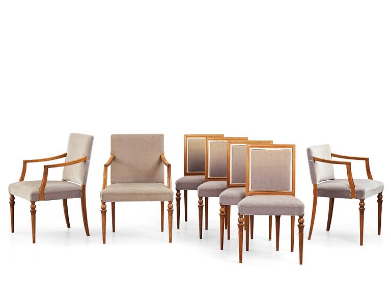 Swedish Grace, 4 chairs + 2 + 1 with armrests, reportedly a win from the Stockholm Cabinetmakers association lottery.