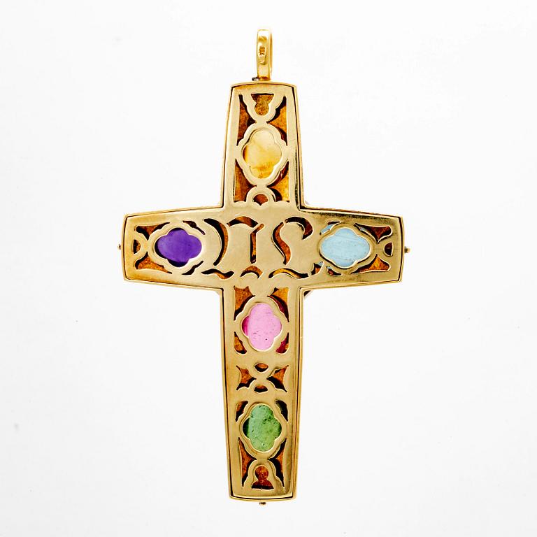 Hänge i form av ett kors, 18K guld, cabochonslipade stenar och åttkant- samt gammalslipade diamanter.