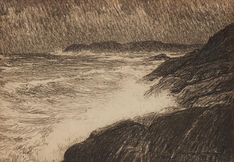 Karl Nordström, "Stormdag med brytande sjö på klipporna" (Stormy day with high sea against the cliffs).
