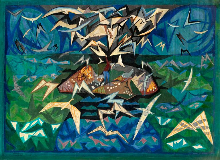 KARTONG/SKISS TILL VÄVD TAPET. "Fågelön". Gouache på papper. 106,5 x 147 cm. Signerad L. GYNNING.