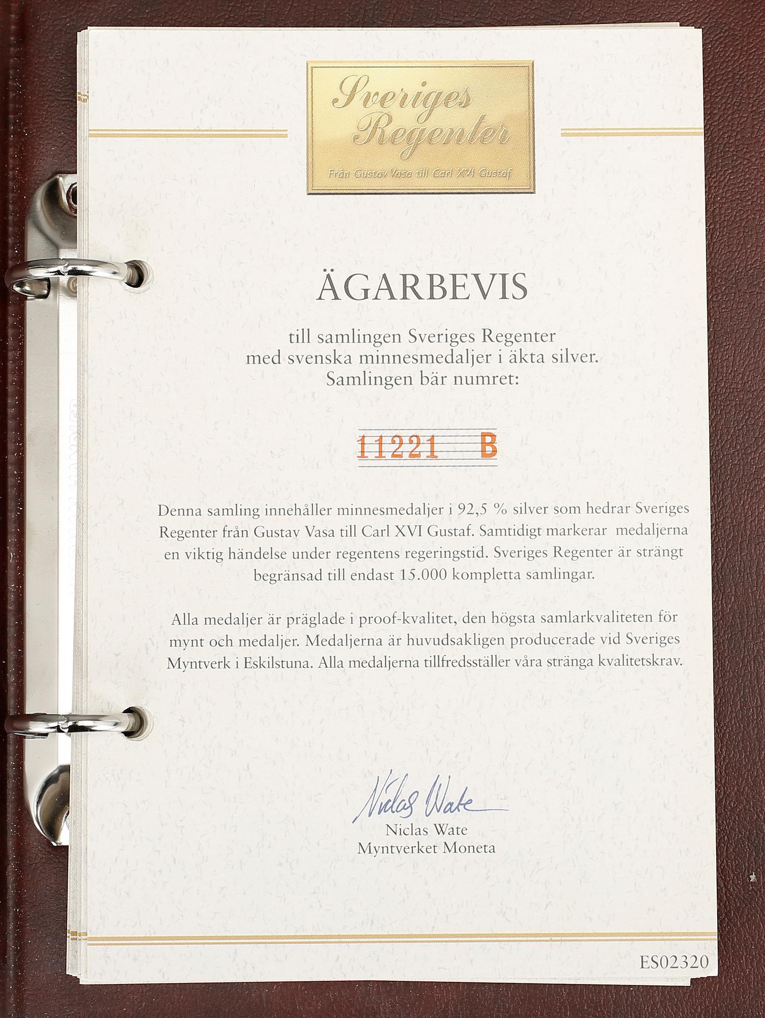 MINNESMYNT, 23 st, sterlingsilver, "Sveriges regenter", ca 621 g.