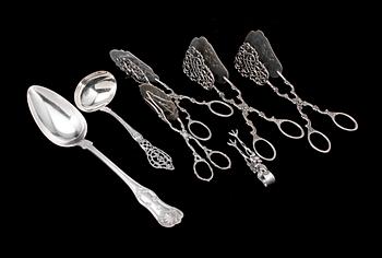 TÄNGER, SKED samt SLEV, 7 delar, silver. Bl a sked tillverkad 1874. 1800 och 1900-tal. Vikt ca 280 gram.