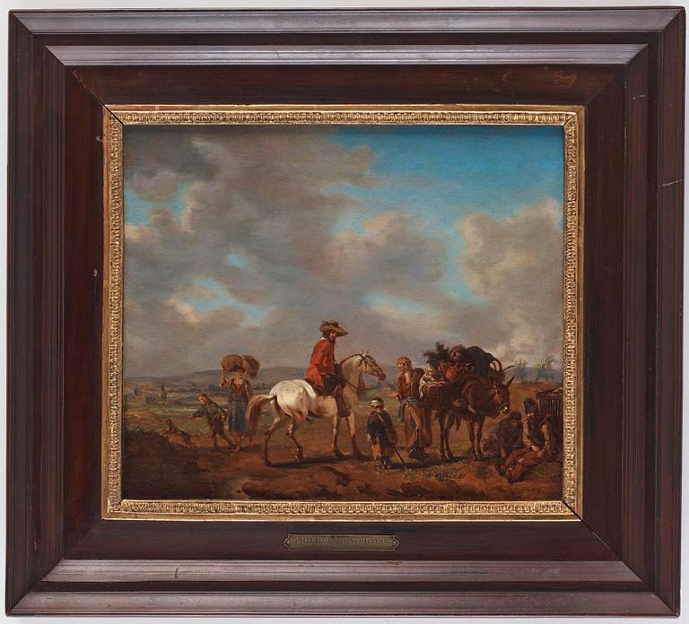 Philips Wouwerman Hans krets, Landskap med ryttare på vit häst, packåsna och figurer.