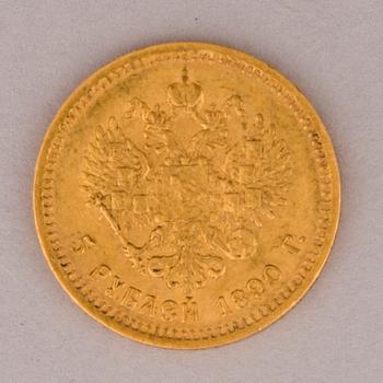 A Russian 5 Rubel gold coin, Alexander III, 1890.