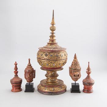 A set with two deities and three tazzas with covers, South East Asia, 20th Century.