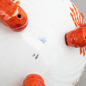 Two crayfish bowls, along with serving utensils and a carafe, late 19th to first half of the 20th Century.