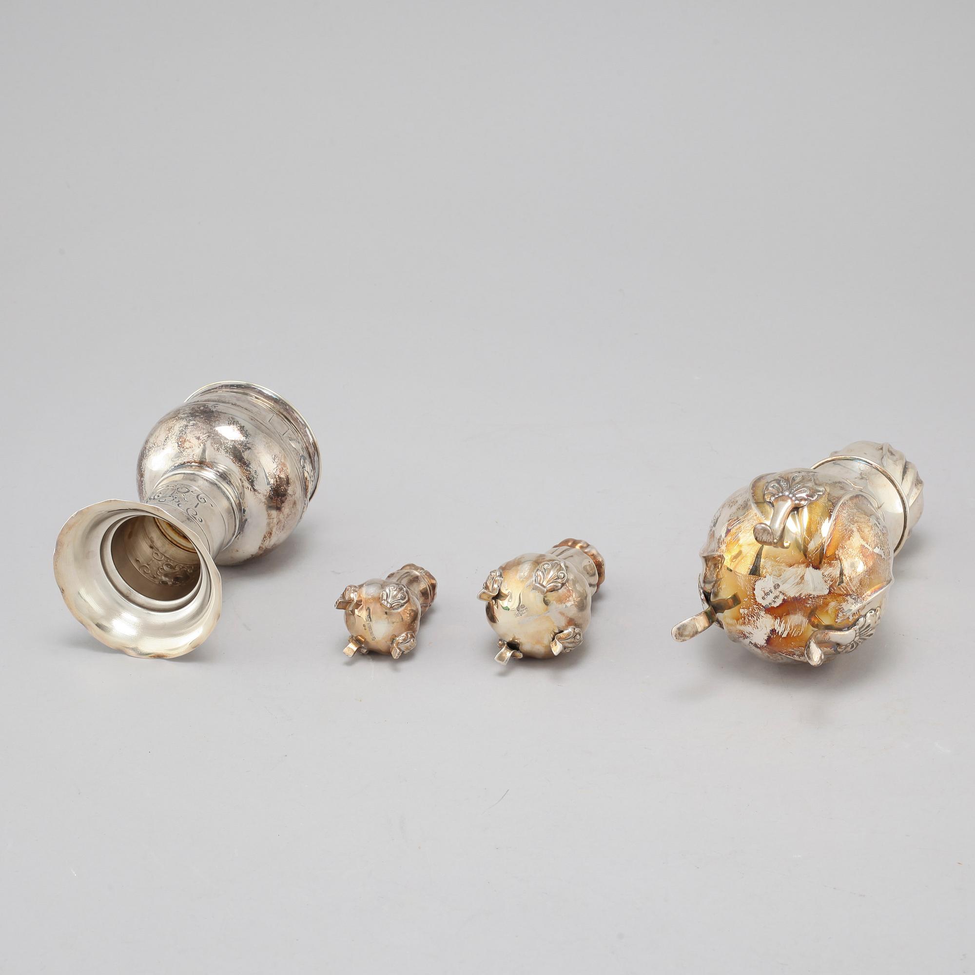 Three silver shakers and chalice, K. Anderson and import marks, first half of the 20th century.