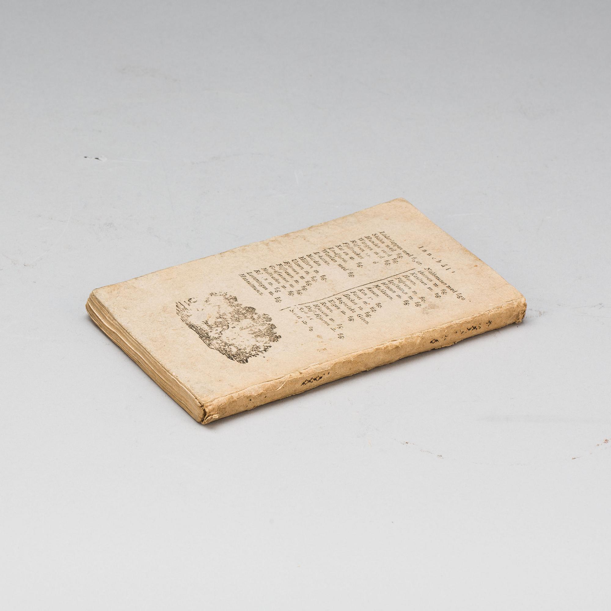 BOK, "Svenska djurens historia, med figurer, skurne i träd". Stockholm, Elmén & Granberg 1817.