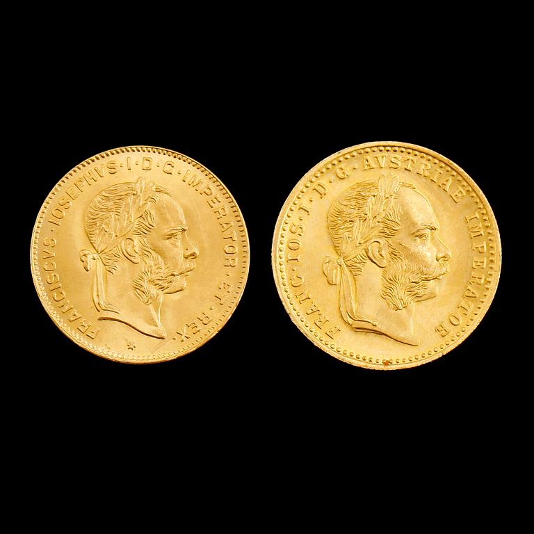 GULDMYNT, 2 st, Österrike-Ungern, 1892 och 1915. Vikt ca 7 gram.