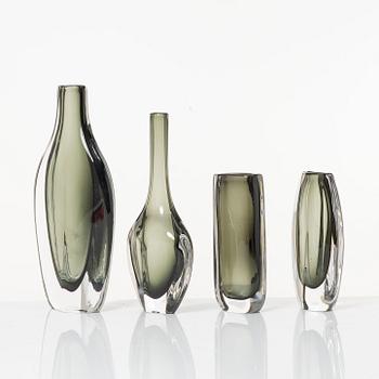 Nils Landberg, a set of four "Sommerso" vases, Orrefors, 1950s-60s.