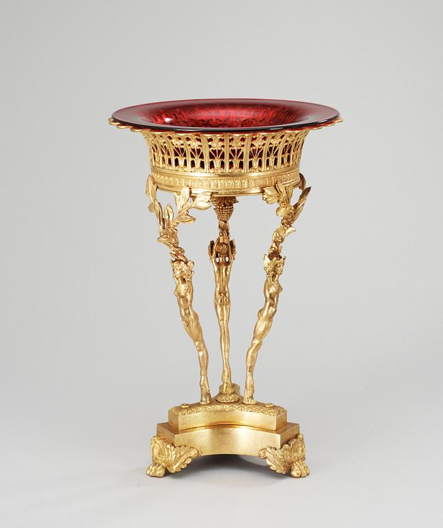 A centerpiece in bronz and glas, 19/20 th century.