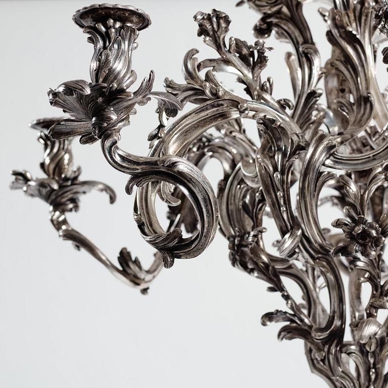 A highly important and rare Louis XV silvered brass
five-light chandelier  attributed to Pierre Boulanger, Paris c 1750.