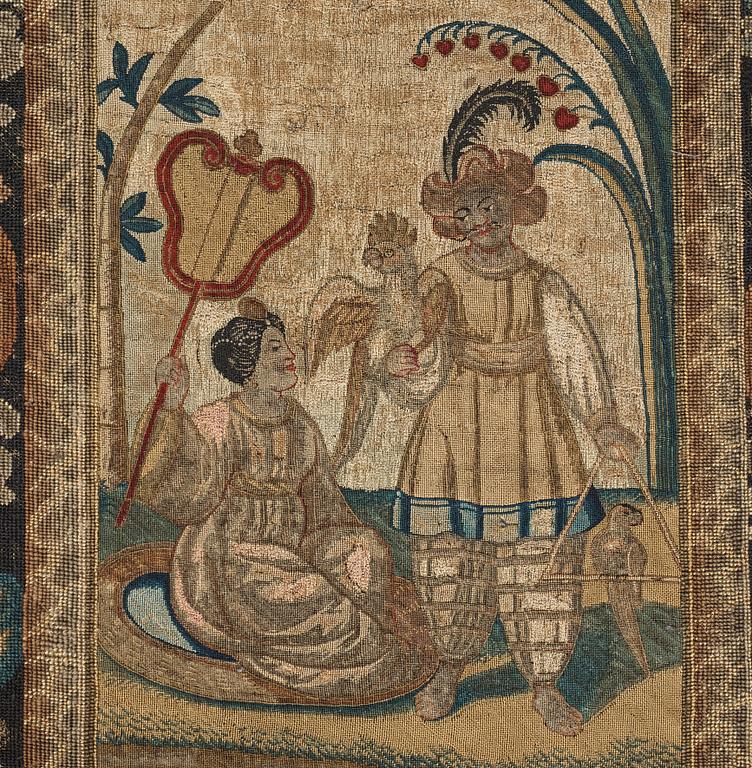 EMBROIDERY. Cross stitches and petit point. 267,5 x 162,5 cm. Probably England, around 1700.