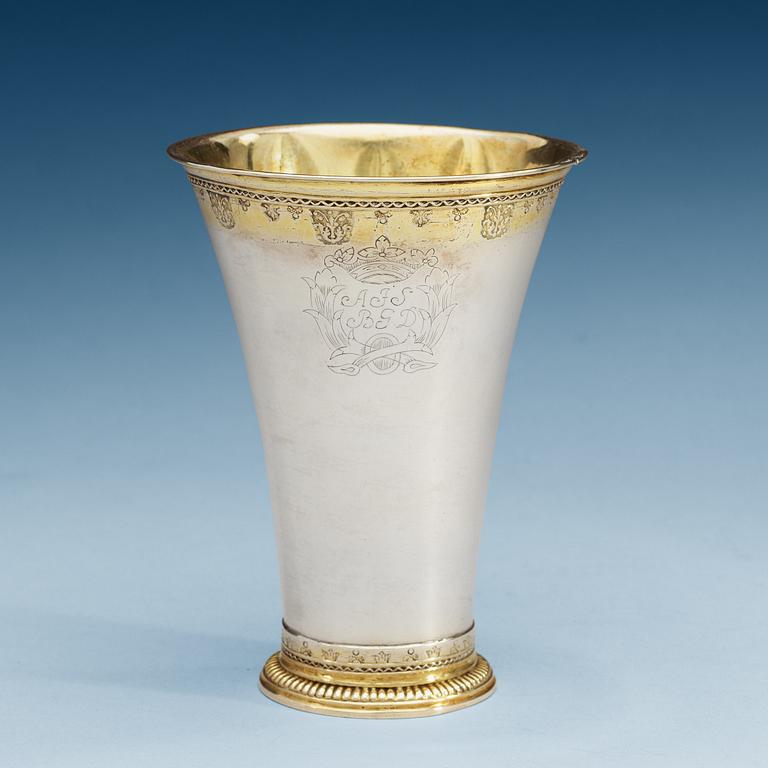 A Swedish 18th century parcel-gilt beaker, makers mark of Conrad Heitmüller, Nyköping 1777, dubble mark of.