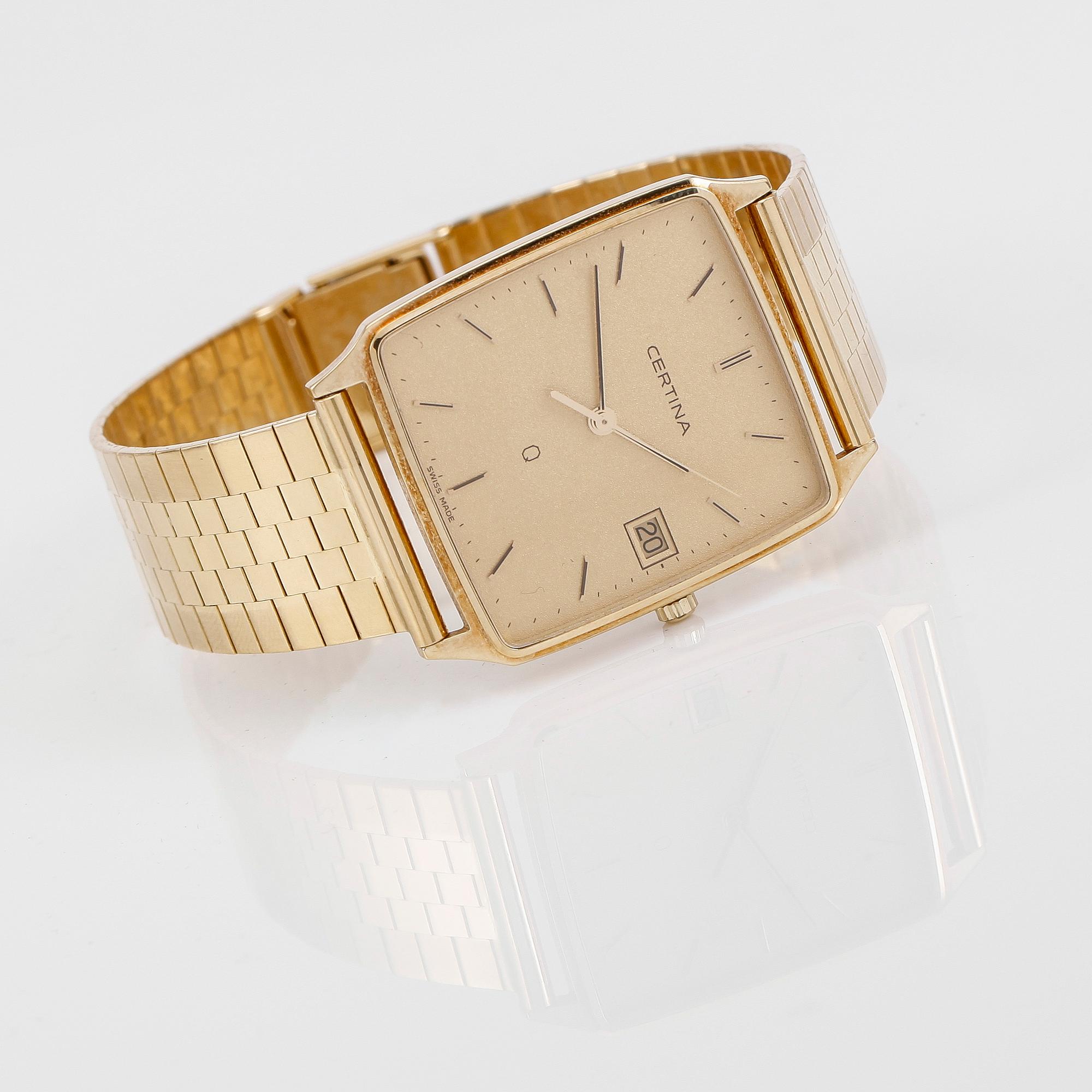 ARMBANDSUR, 14K guld, Certina, armband i 18K guld, 1900-talets andra hälft. Total vikt inklusive urverk ca 55 g.
