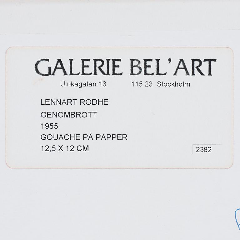 LENNART RODHE, gouache, monogramsignerad, utförd 1955.