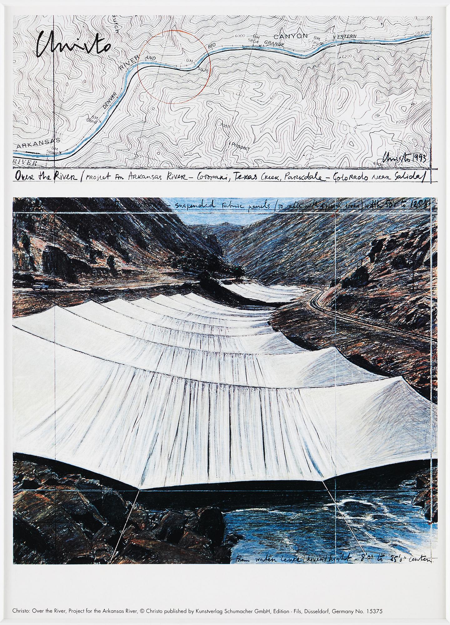 CHRISTO & JEANNE-CLAUDE, 2 st färgoffset, "Over the River, Project for Arkansas River, State of Colorado, USA, signerade.