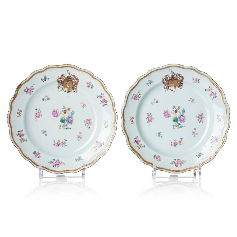 A pair of famille rose armorial dishes, Qing dynasty, Qianlong (1736-95).