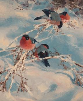 Thure Wallner, Bullfinches in Winter landscape.