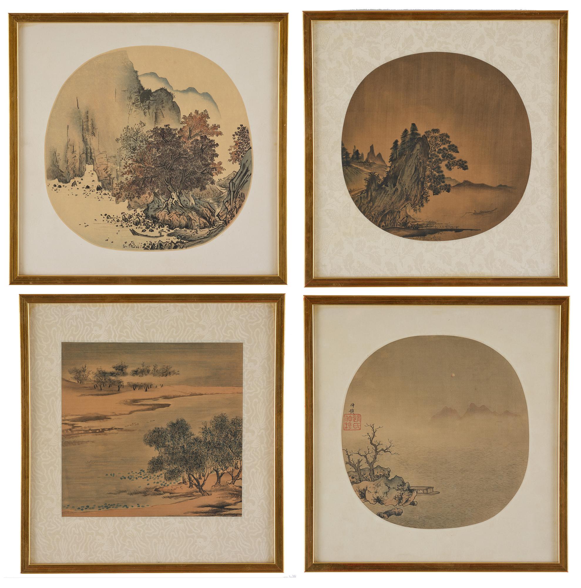 Oidentifierad konstnär, fyra landskap, sen Qingdynasti/ 1900-tal.