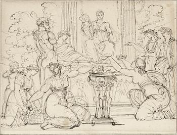 345. Louis Masreliez Tillskriven, Allegorisk scen, kvinnor offrande gåvor till till gudinna.