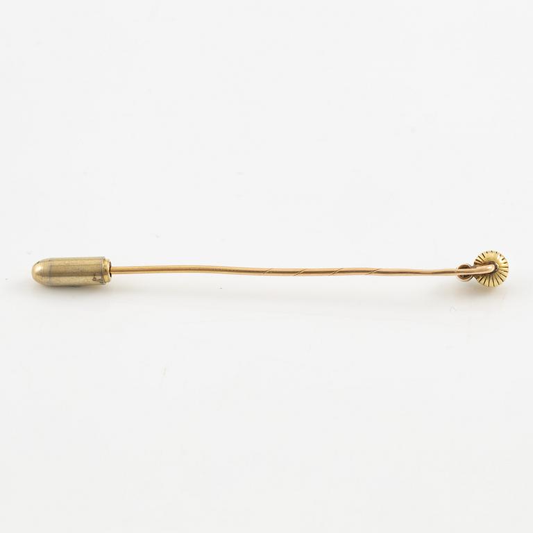 Tie pin, 14K gold, with a half-pearl and a small old-cut diamond, Russia.