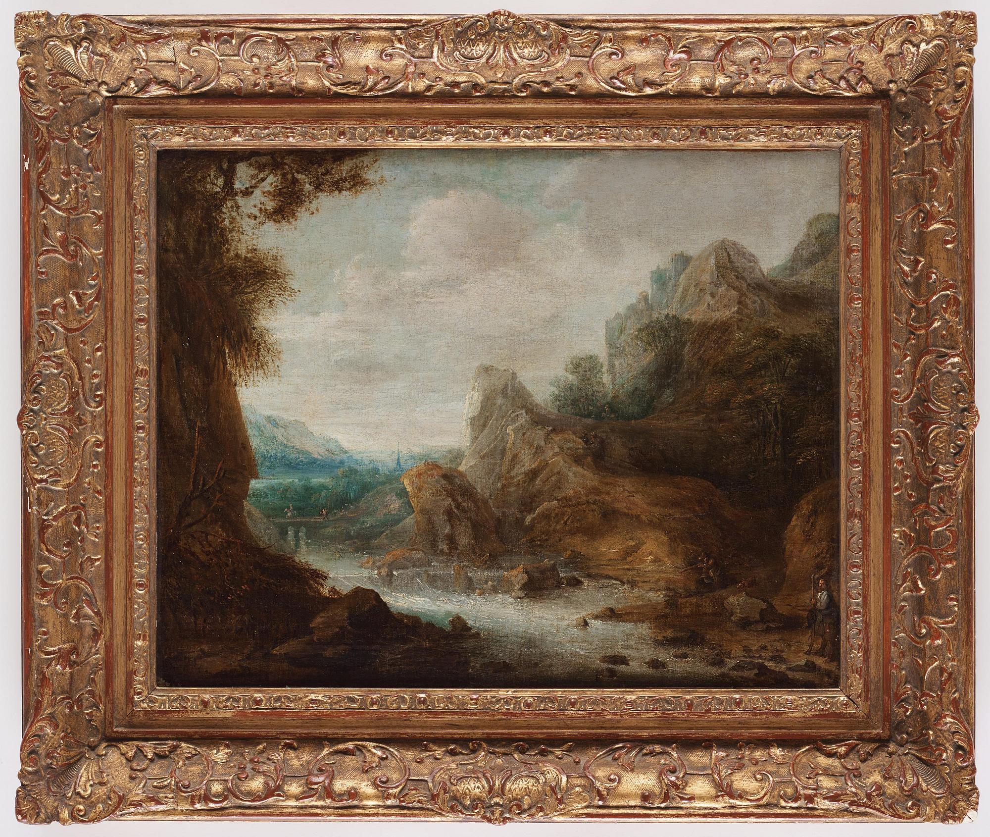 Frans de Momper, circle of, Mountainous river landscape with hunters.
