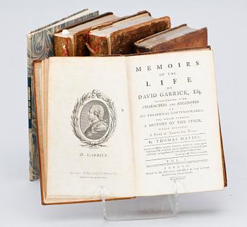 BÖCKER, 5 st, bla "Biographia dramatica or a companion to The Playhouse" I-II av David Erskine Baker, London 1782.