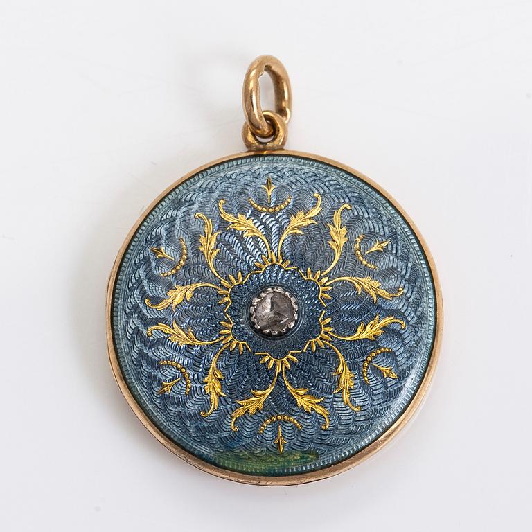 Medaljong, 14K guld, emalj, rosenslipad diamant.