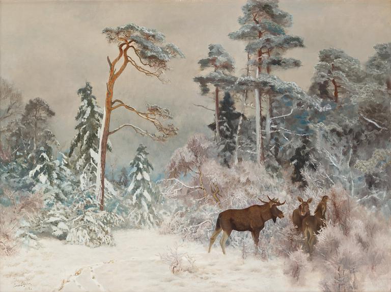 Bruno Liljefors, Winter landscape with moose.