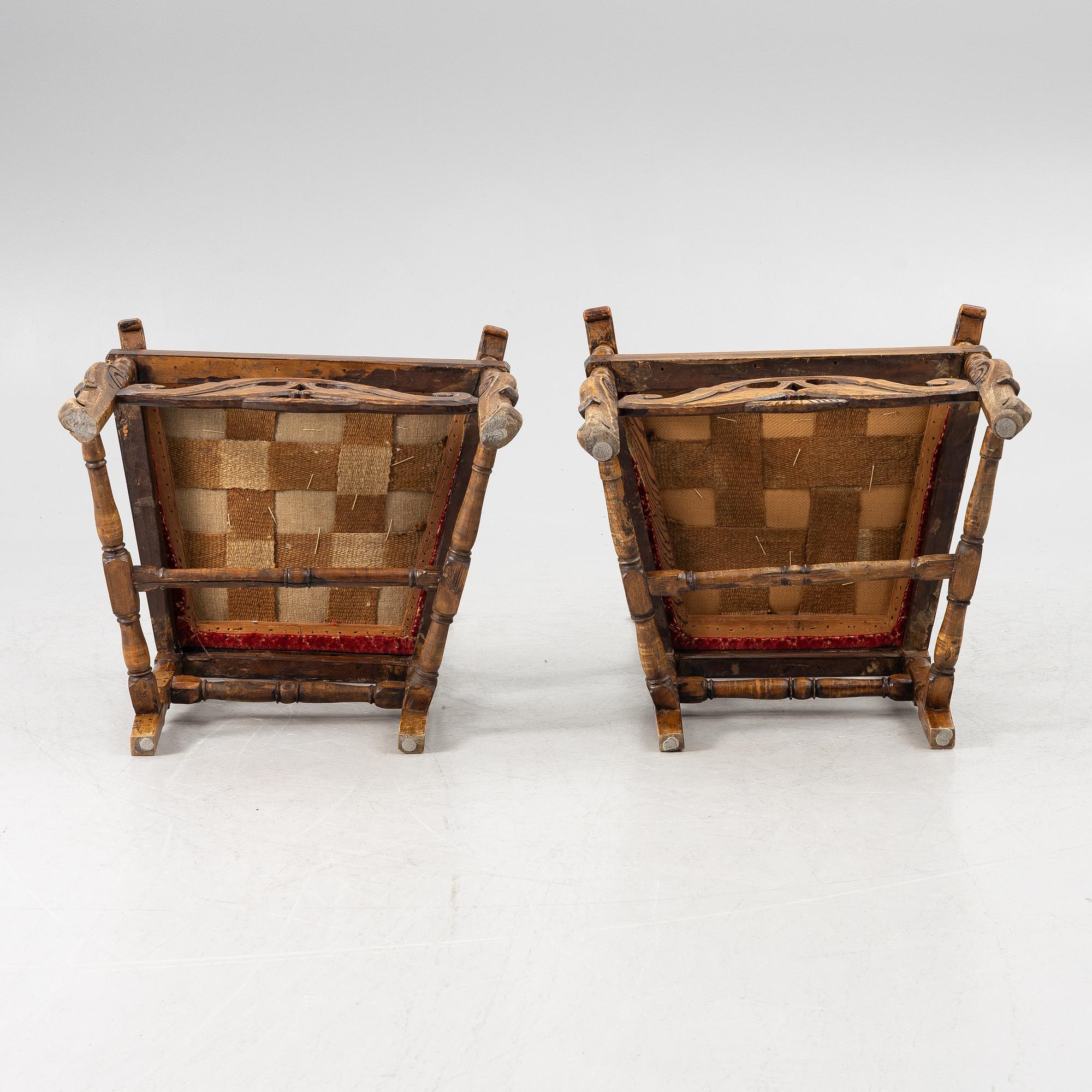 Armchairs, a pair, Baroque style 18th/19th century possibly with some earlier parts.