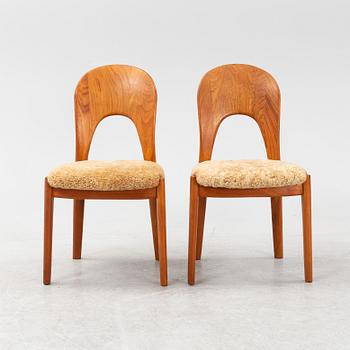 A set of ten teak dining chairs upholstered in sheep skin by Niels Koefoed, Denmark, 1960's.